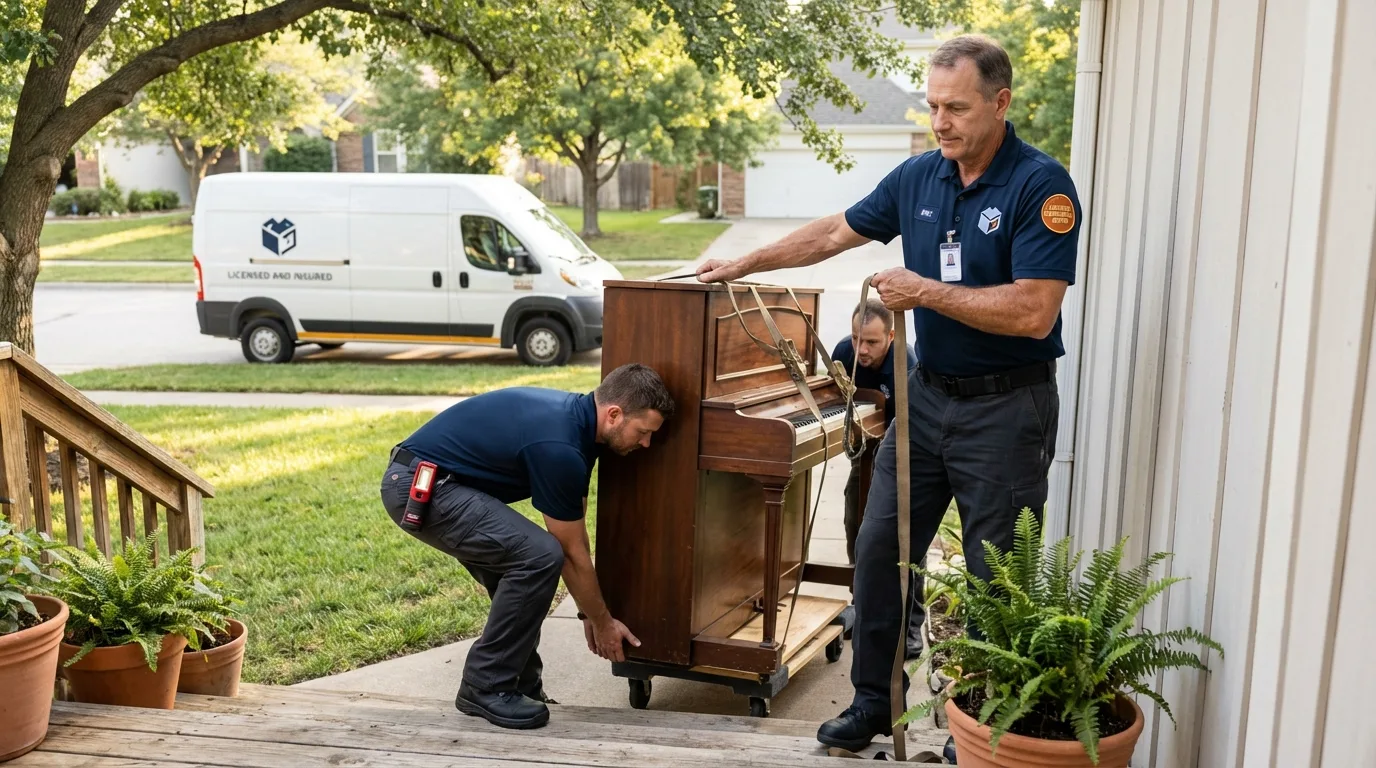 Licensed piano movers securing grand piano in Agawam, MA